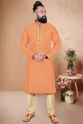 Attractive Men's Ethnic Kurta With Pajama Set - Light Orange