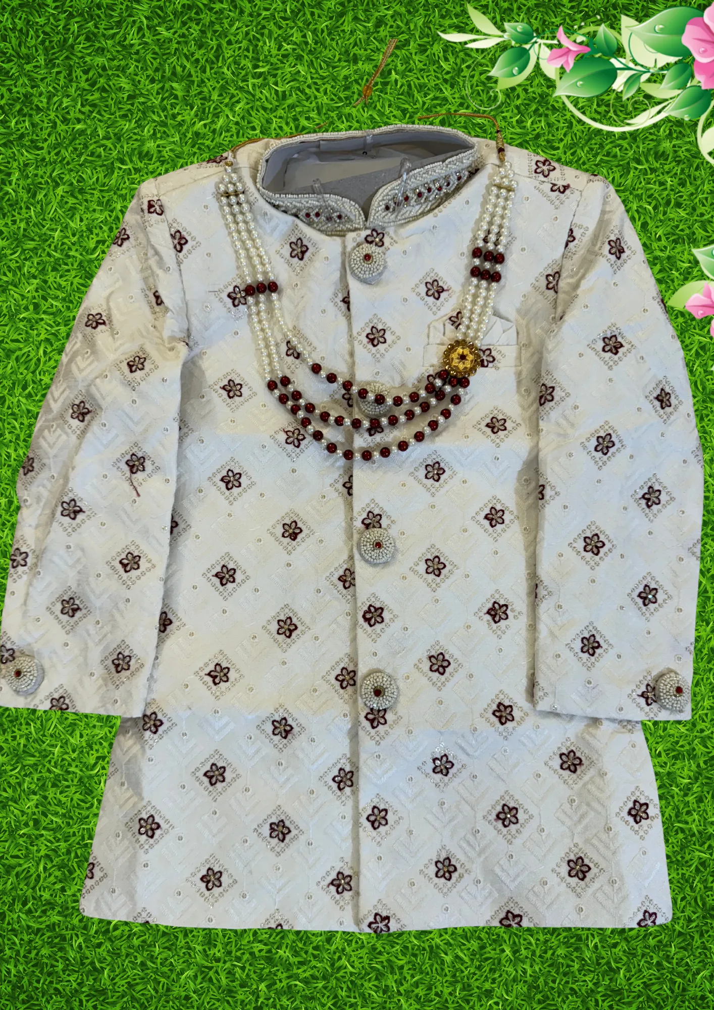 Beautiful Silk Embroidery With Beaded Worn On Neck And Buttons Pearl Sherwani Sets For Kids