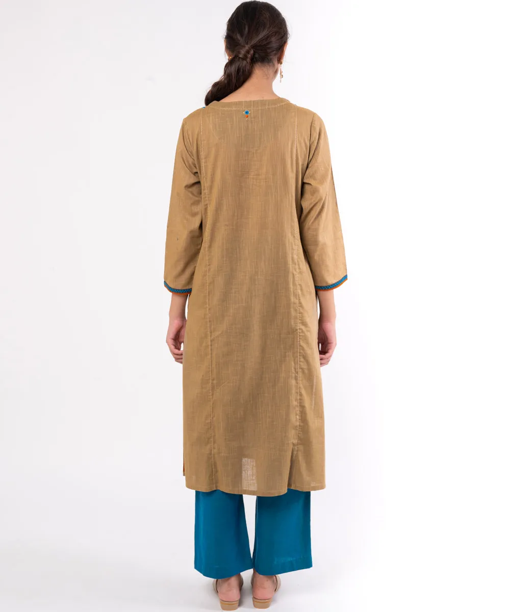 Beige hand embroidered cotton straight kurta