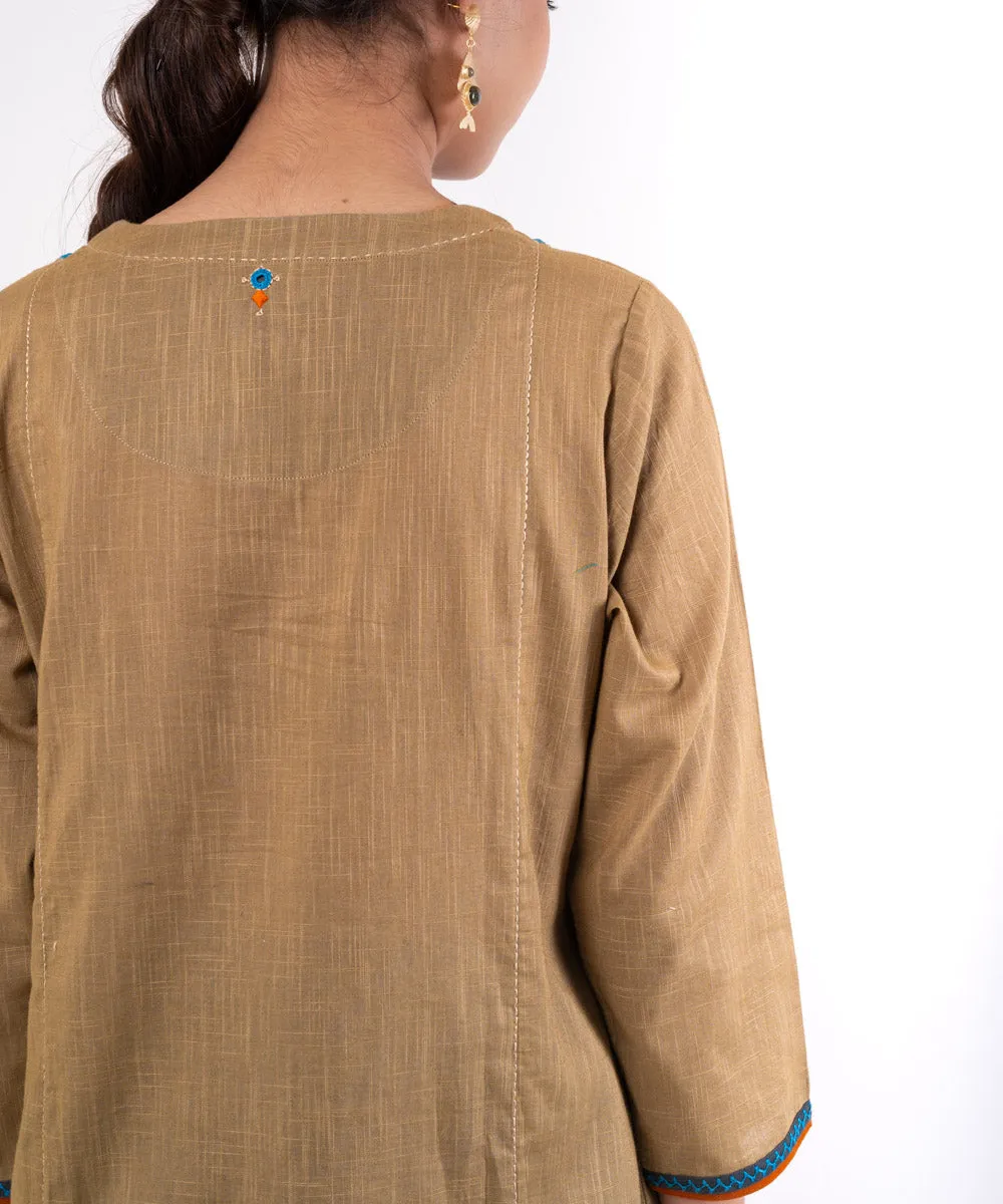 Beige hand embroidered cotton straight kurta