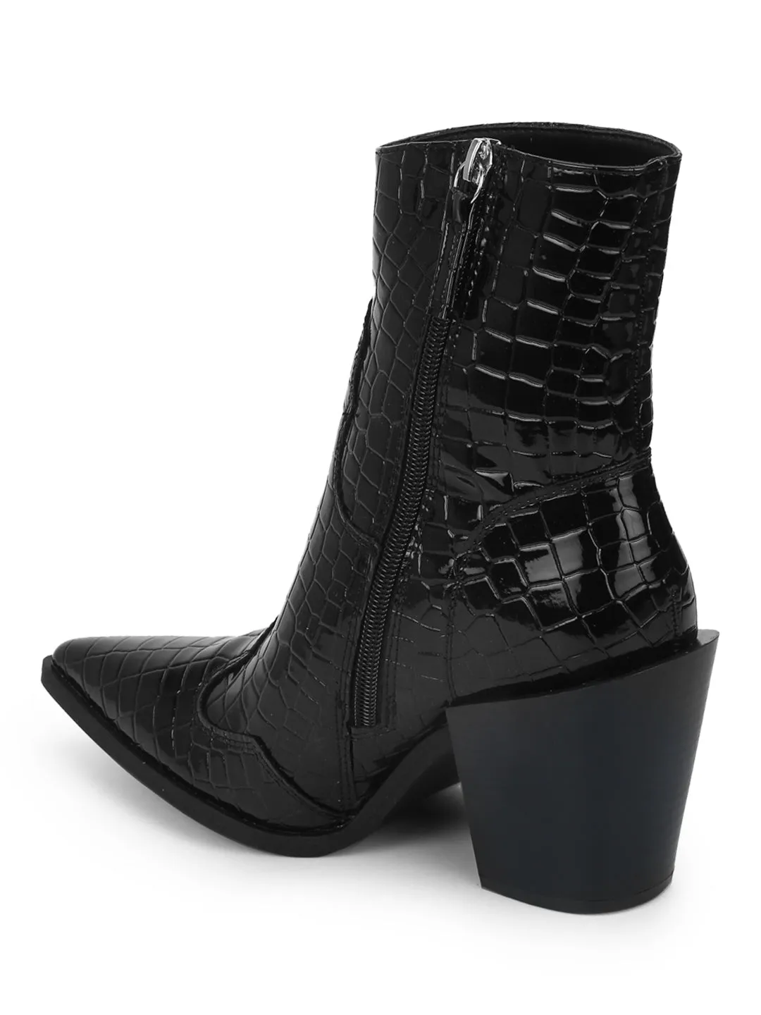 Black Croc Patent Ankle Length Block Heel Boots