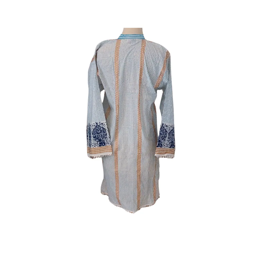 Blocked White, Blue, and Gold Printed White Tassel Kurta | Gently Used |