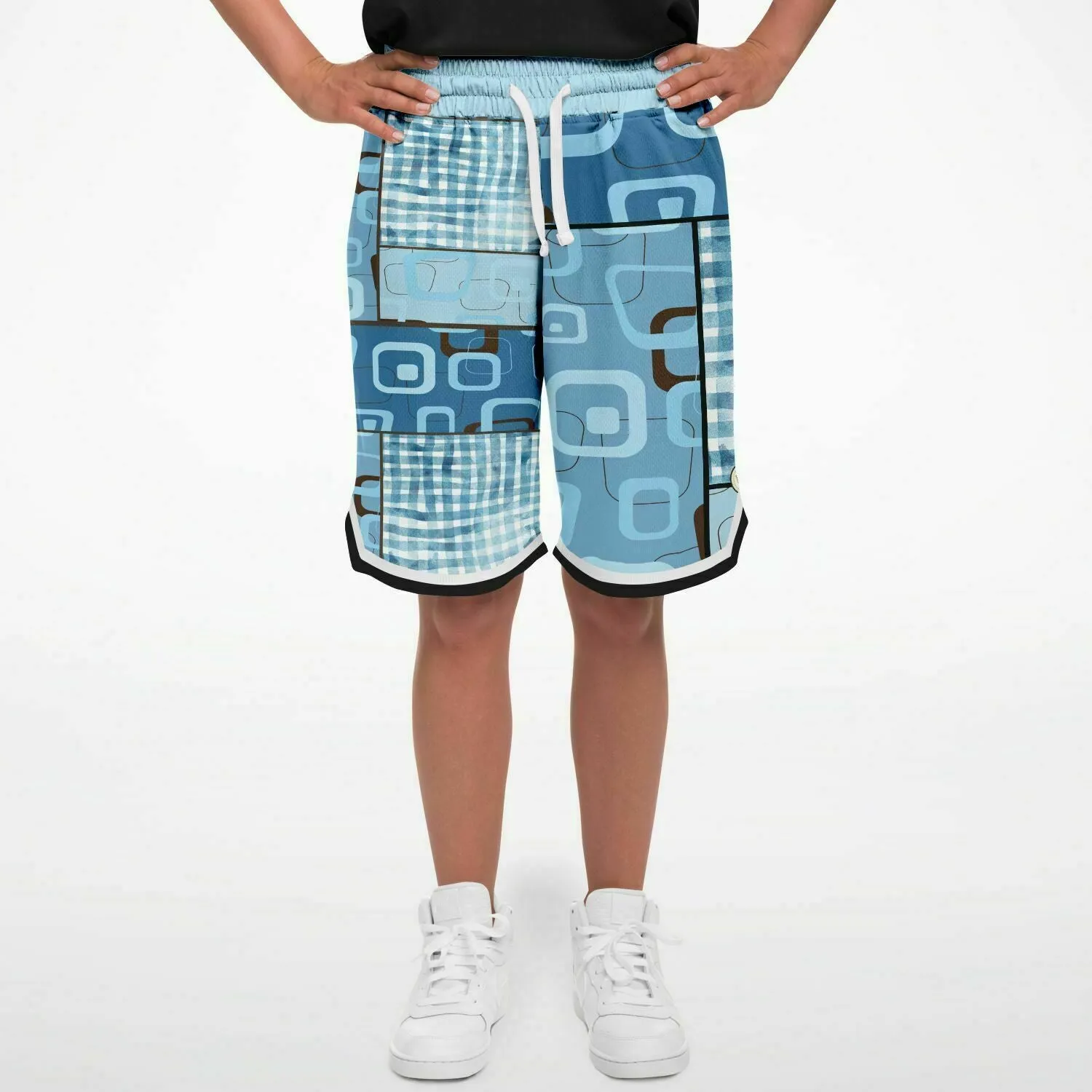 Blue Geo Patchwork Plaid Basketball Shorts