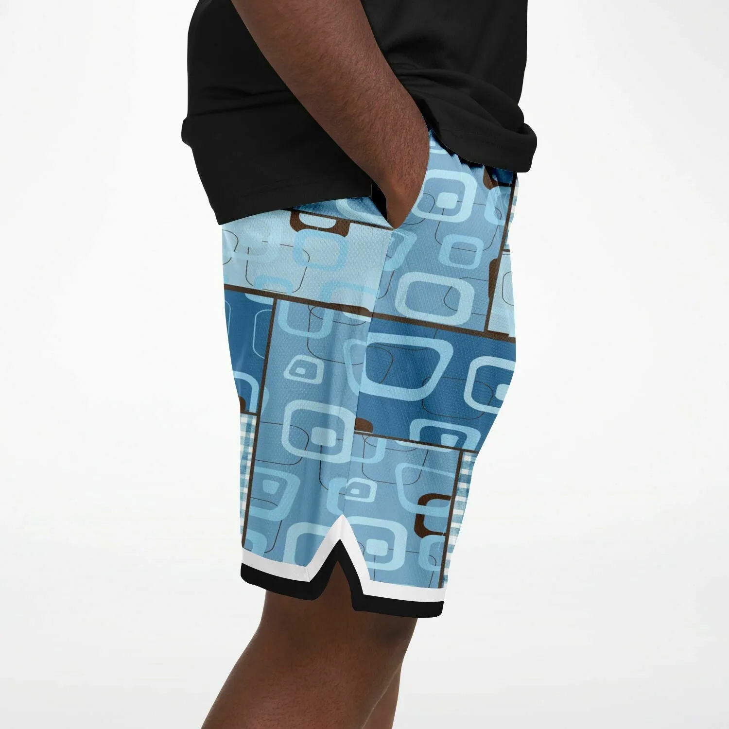 Blue Geo Patchwork Plaid Basketball Shorts