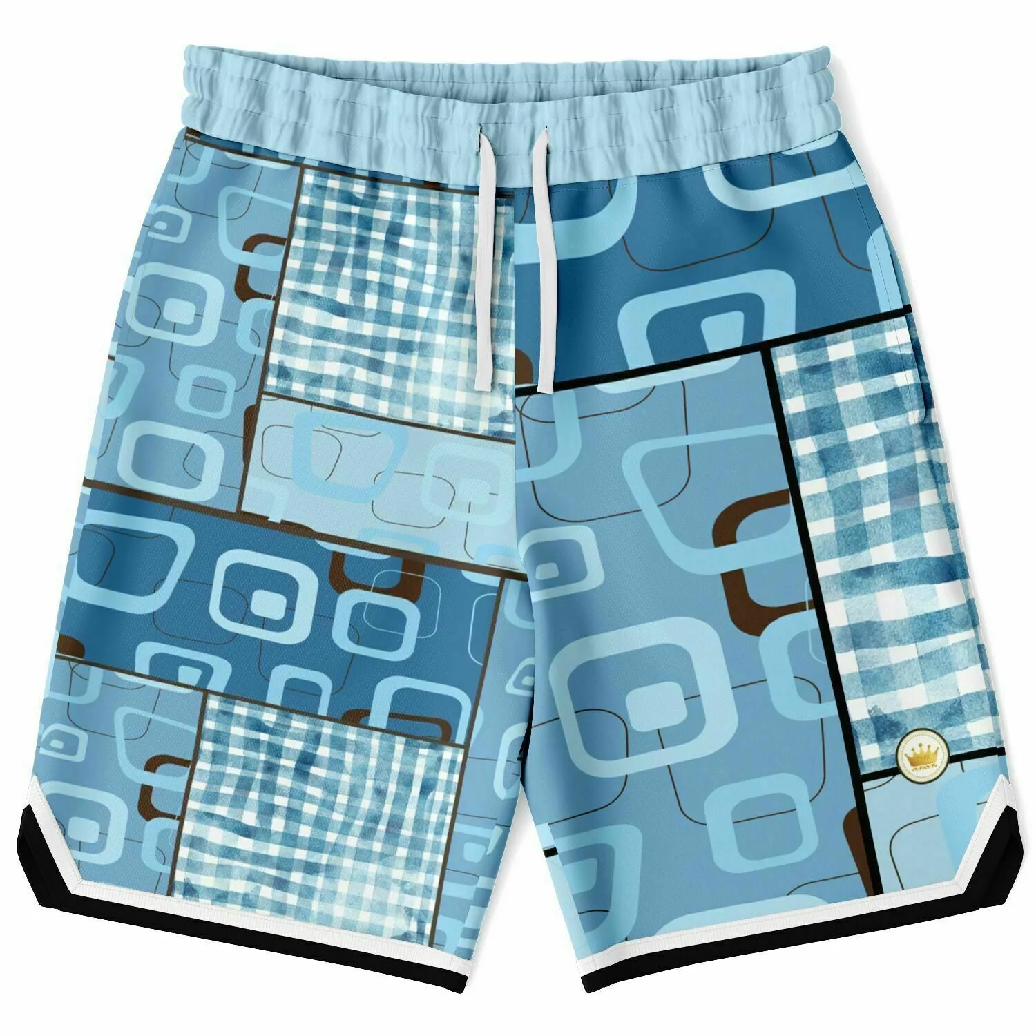 Blue Geo Patchwork Plaid Basketball Shorts