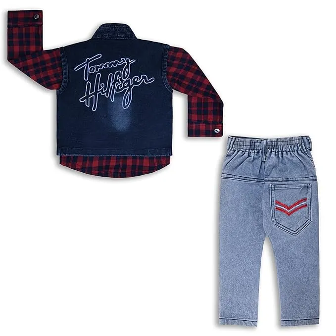 Boys Checked Shirt Clothing Set With Denim Waist Coat