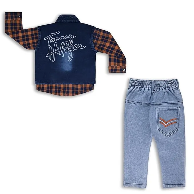 Boys Checked Shirt Clothing Set With Denim Waist Coat