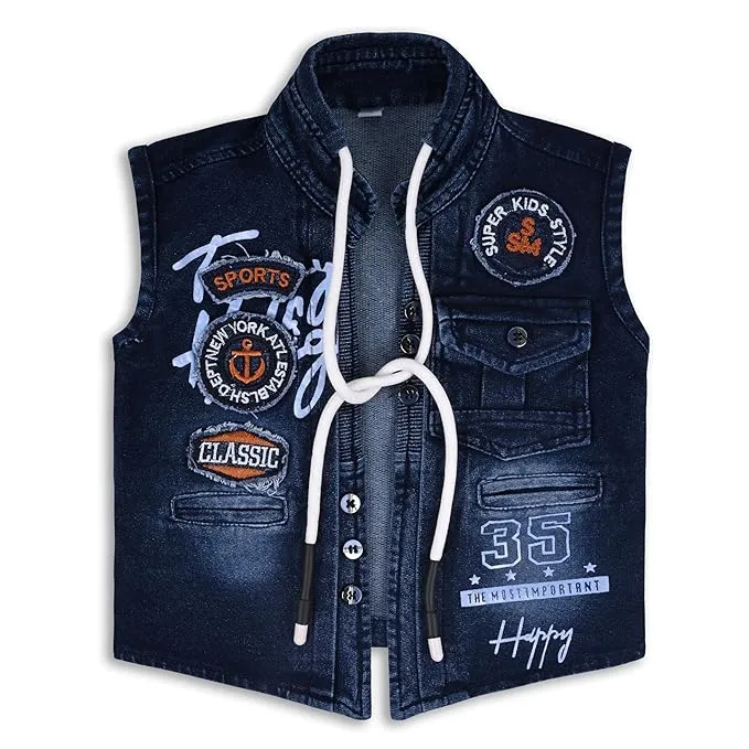 Boys Checked Shirt Clothing Set With Denim Waist Coat