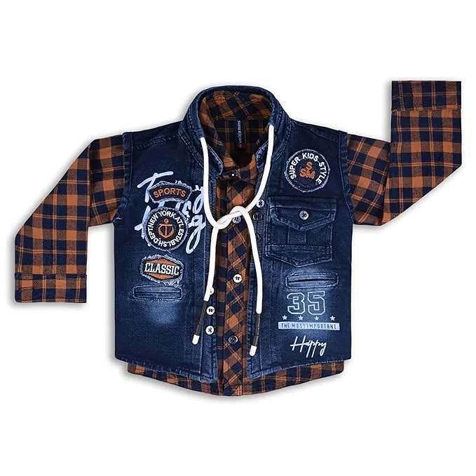 Boys Checked Shirt Clothing Set With Denim Waist Coat