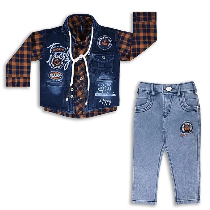 Boys Checked Shirt Clothing Set With Denim Waist Coat