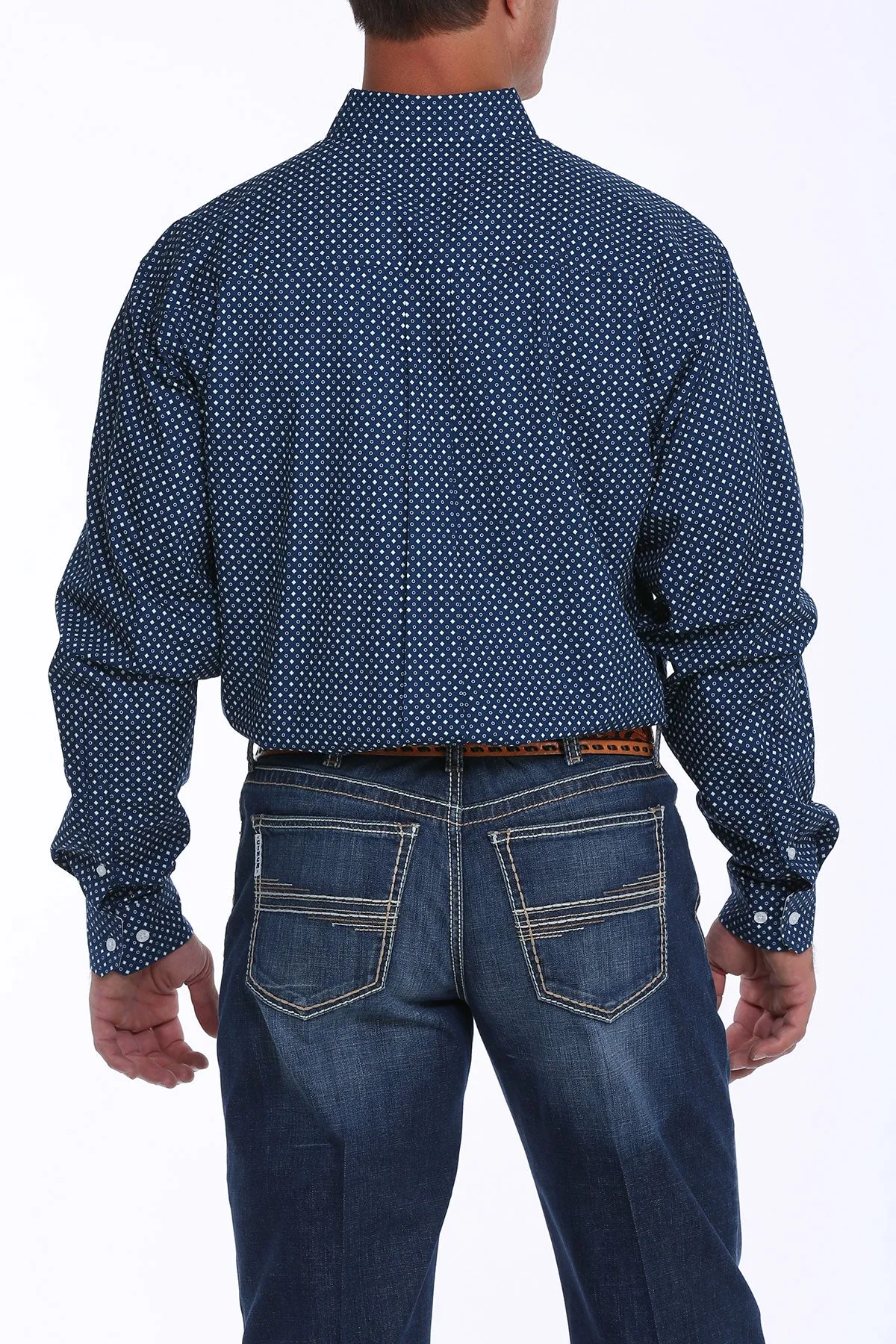 Cinch Men's Button Down Long Sleeve Shirt - Royal Blue White Dot Print