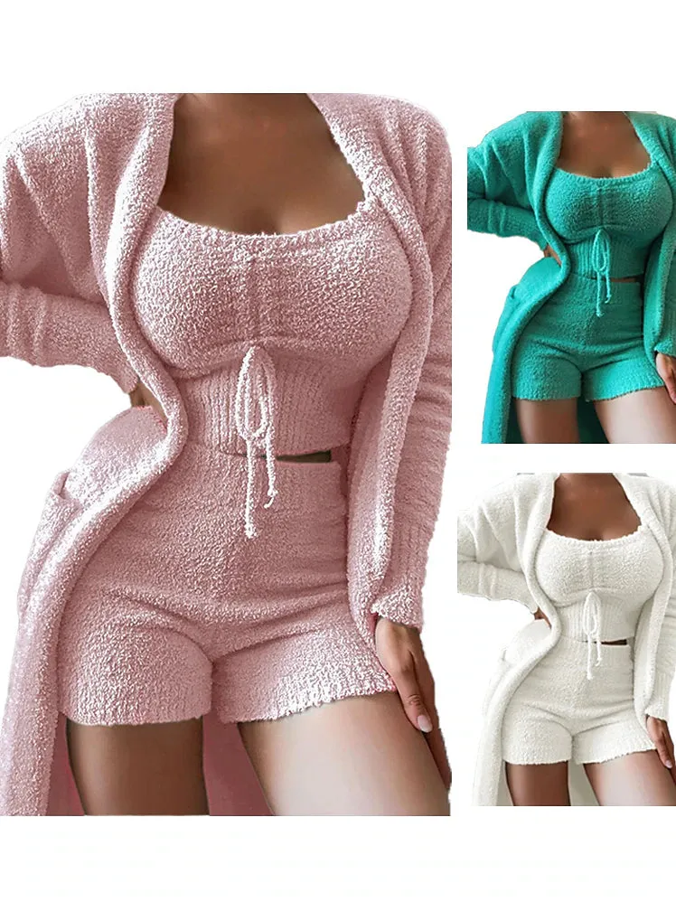 Cozy White and Pink 3-Piece Loungewear Robes Gown Sets for Autumn and Winter