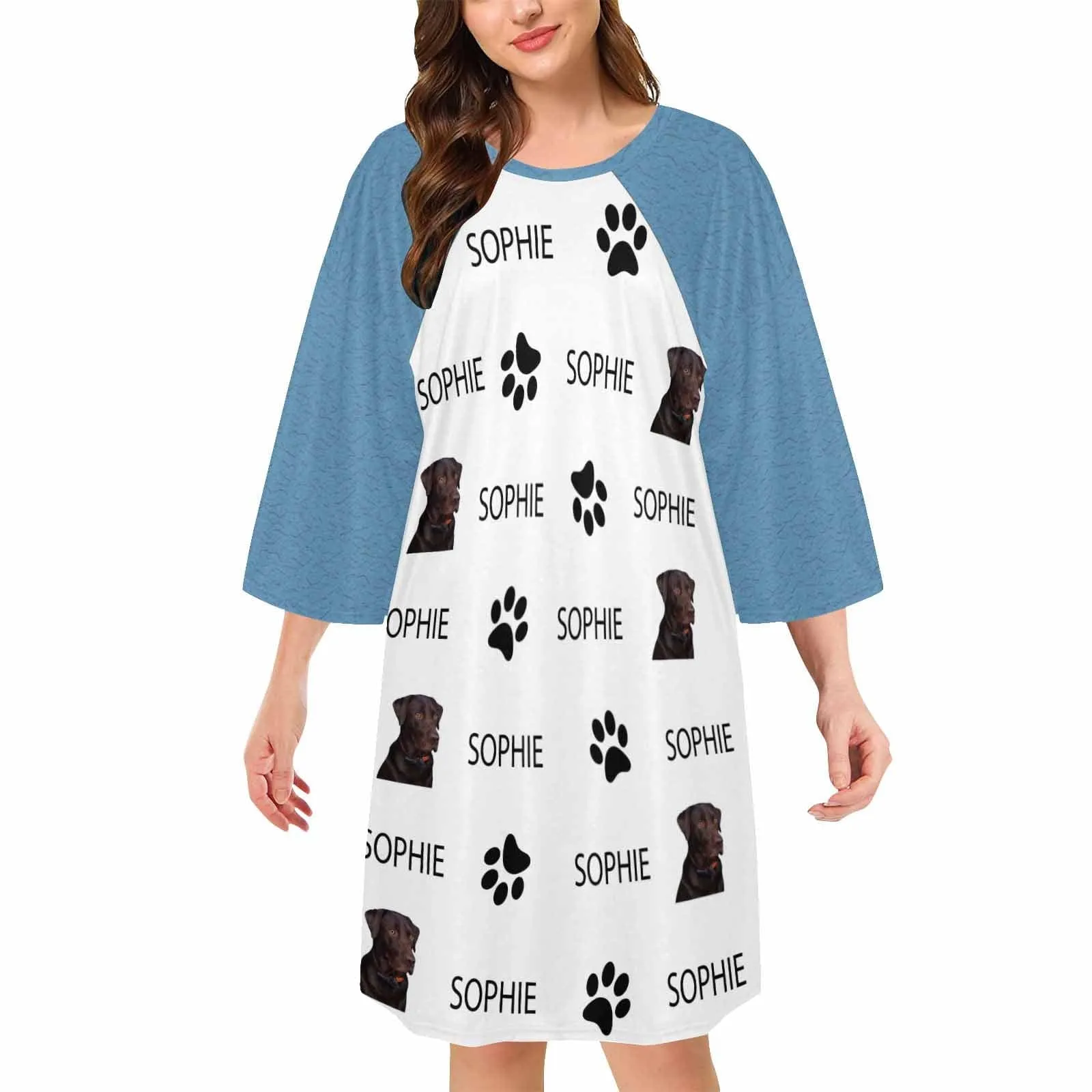 Custom Pet Face&Name Paw Bone Pajamas for Women's Oversized Sleep Tee Personalized Women's Loose Nightshirt Sleepwear