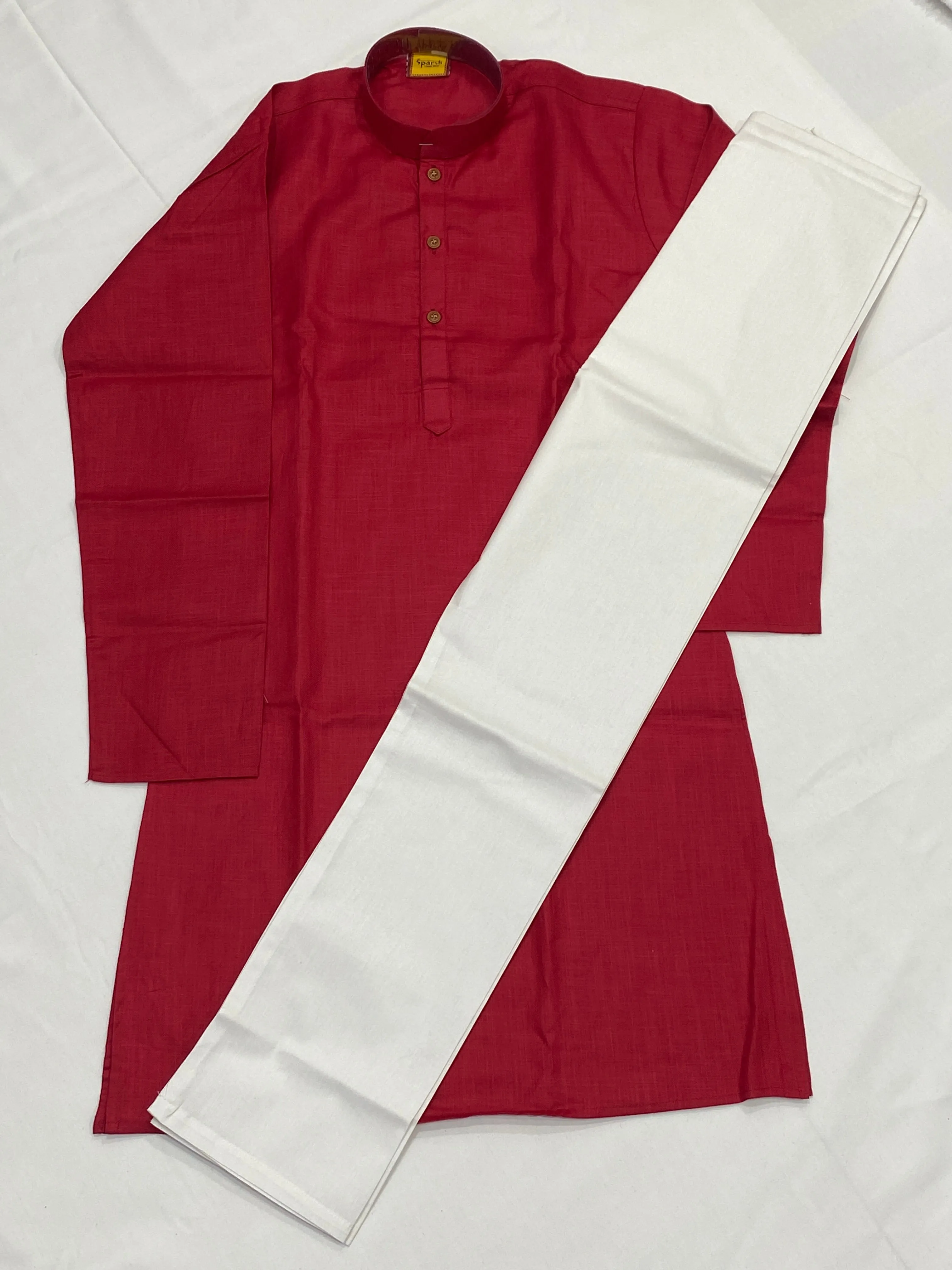 Elegant Red Color Cotton Kurta With Pajama Pants For Kids