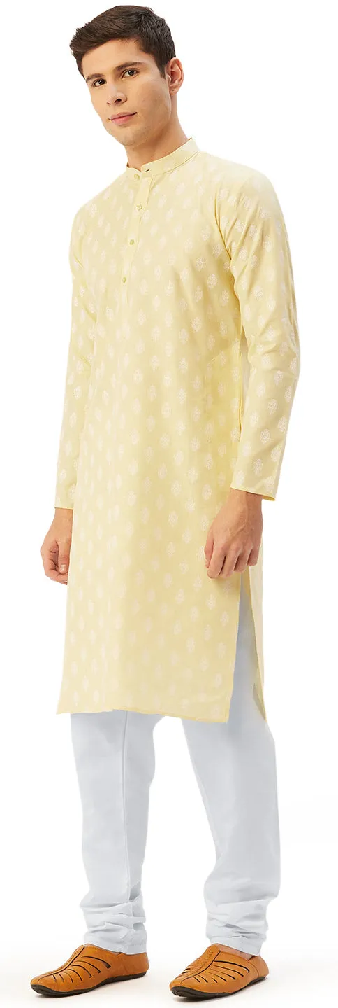 Ethnic Wear Men's Printed Kurta Pyjama Set Cotton Indian (Yellow)