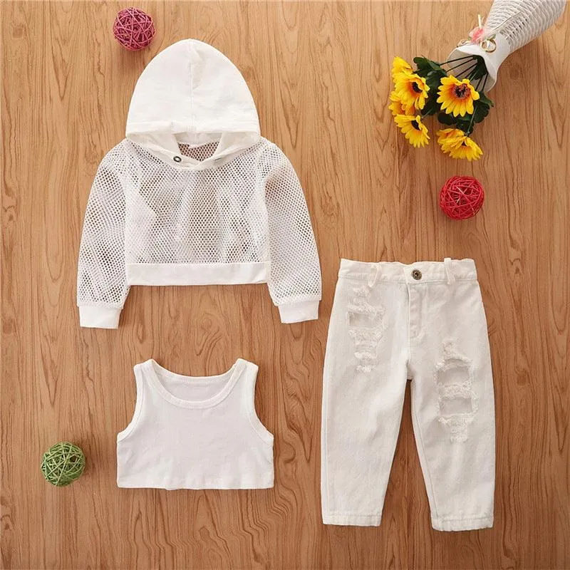 Girls' Autumn New Hollow Long Sleeve Hooded Coat Lined with Torn Jeans Three Piece Set