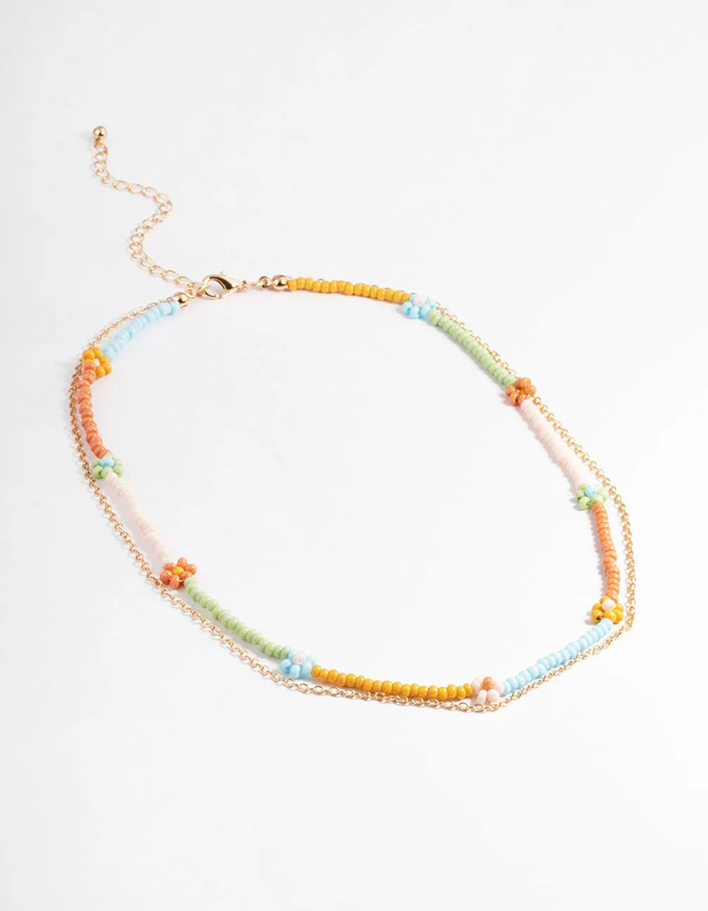 Gold Multicoloured Flower Bead & Chain 2-Row Necklace