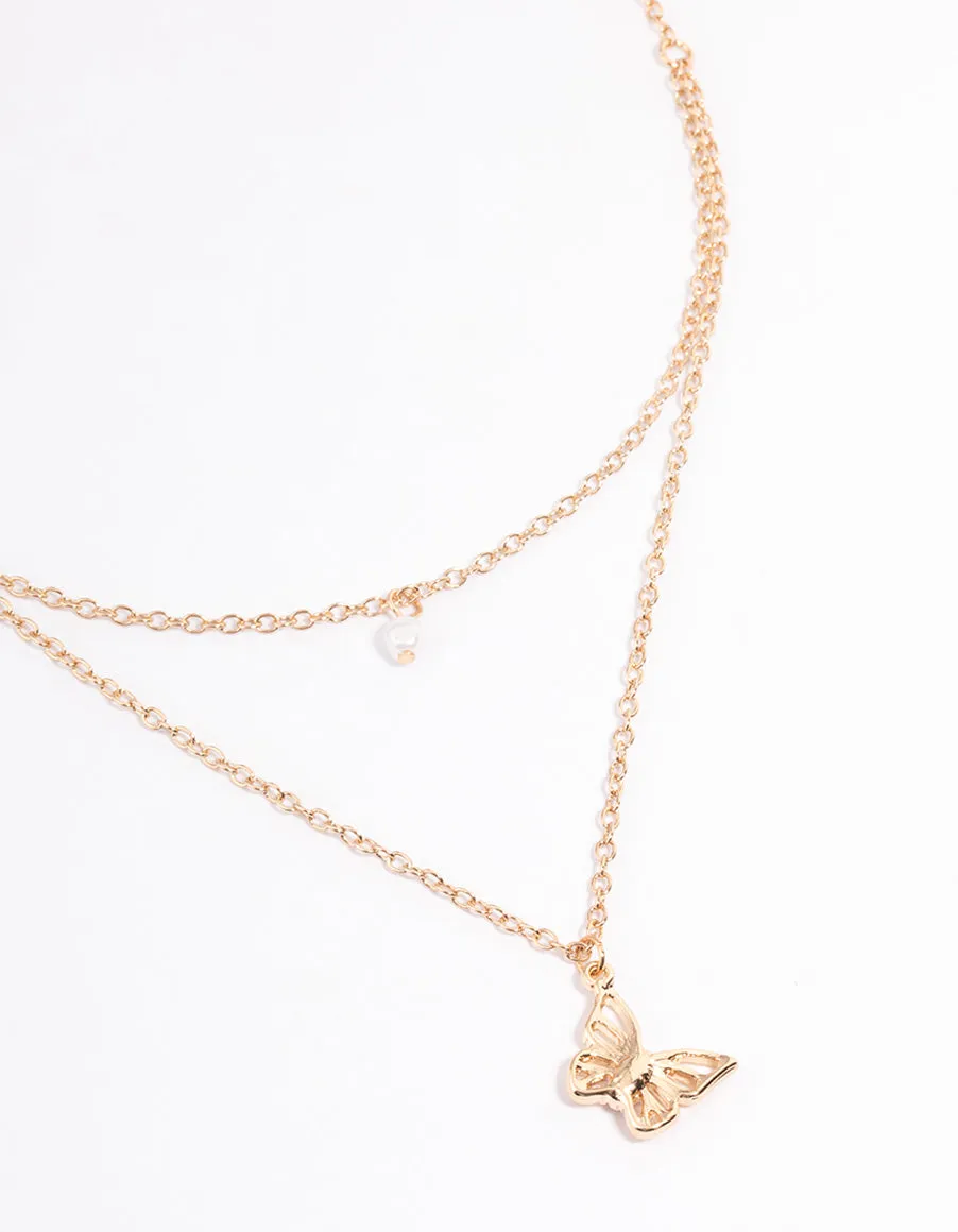 Gold Pearl & Butterfly Layered Necklace