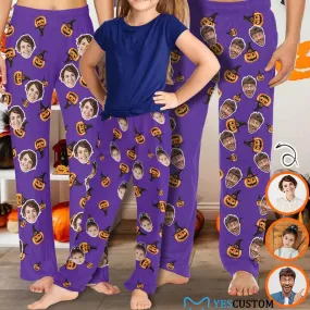 Halloween Family Matching Pajama Pants Custom Face Purple Pumpkin Head Tracksuit Halloween Party