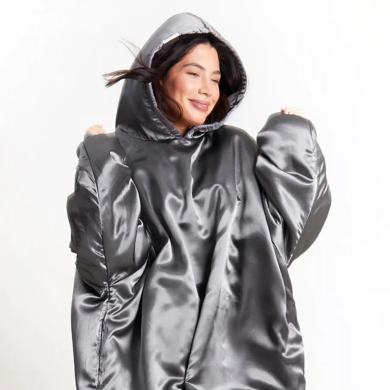 Charcoal Kitsch Glazey Satin Hoodie - Stylish and Comfortable Fashion Statement