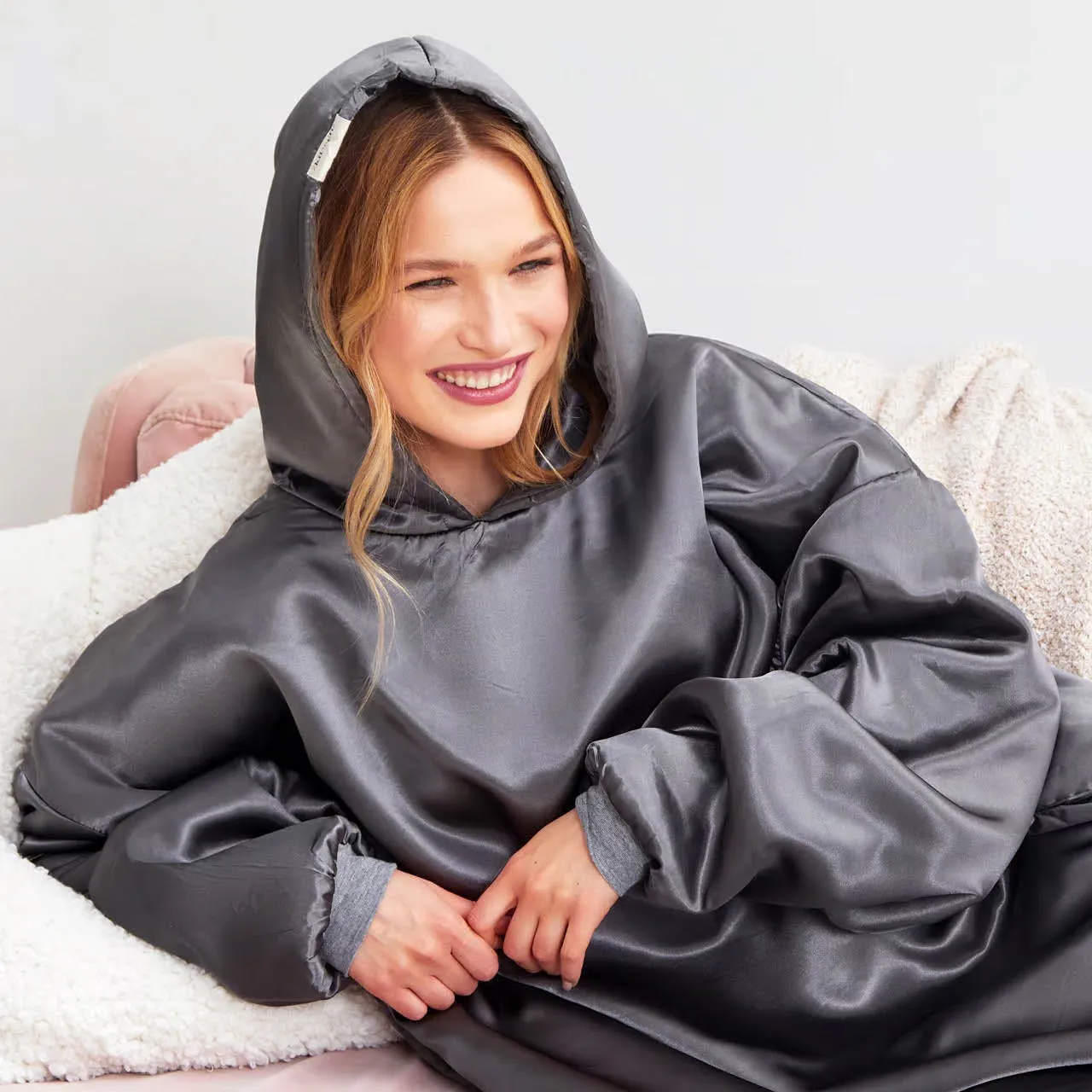 Charcoal Kitsch Glazey Satin Hoodie - Stylish and Comfortable Fashion Statement