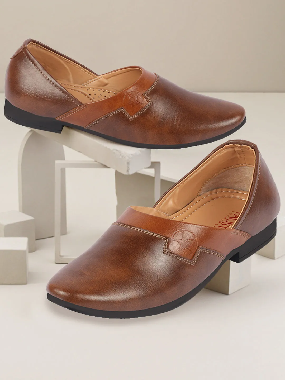 Men Brown Wedding Party Evening Ethnic Colorblocked Slip On Juttis and Mojaris