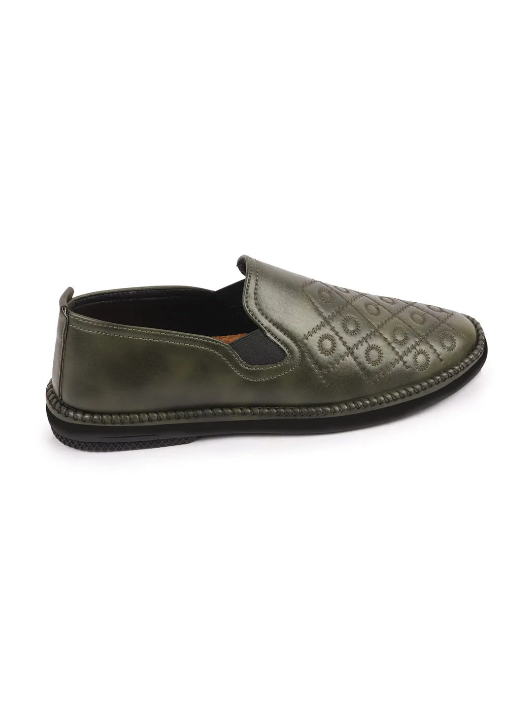 Men Olive Ethnic Party Wedding Embroidery Floral Design Side Stitched Prom Slip On Jutis