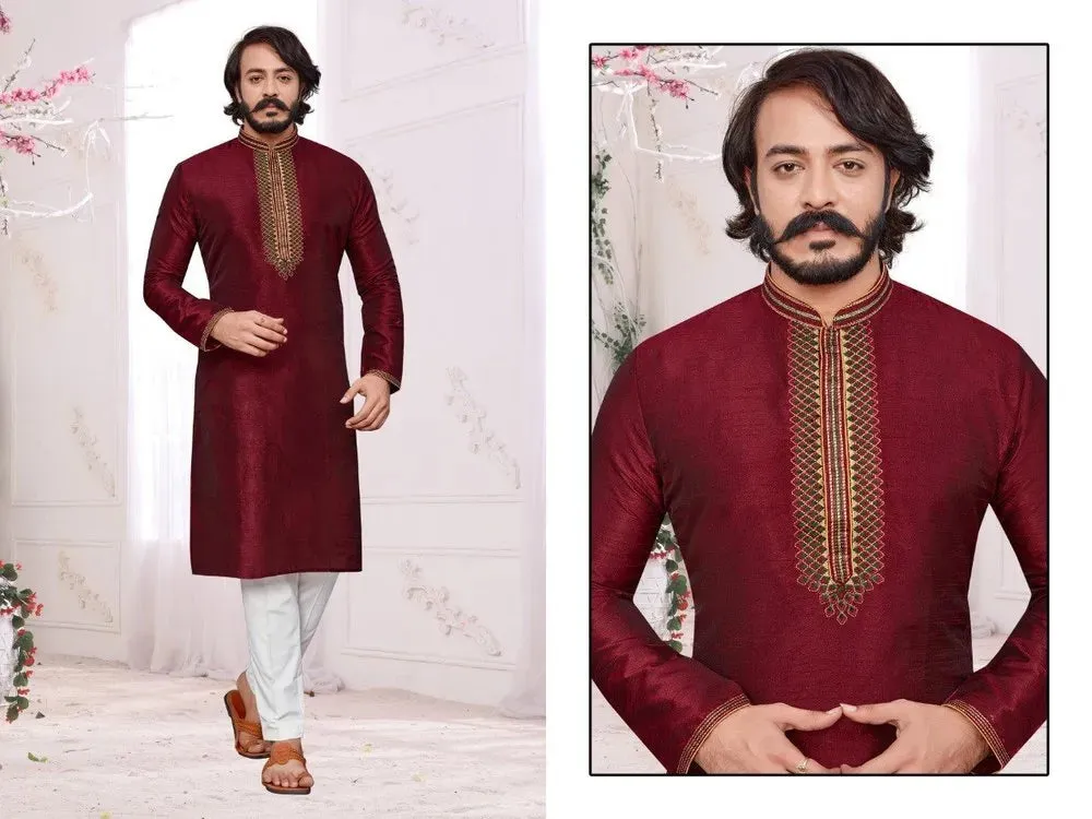 Men's Cotton Silk Regular Kurta Pajama Set - Dark Maroon