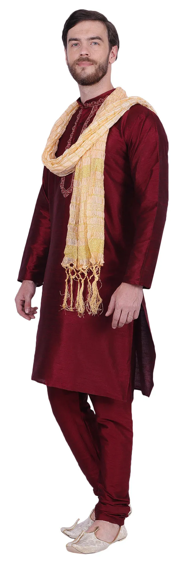 Men's Dupion Silk Kurta Pajama with Scarf India Clothing (Maroon)