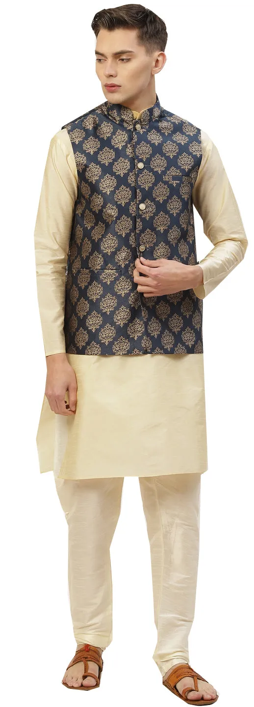 Men's Jacquard Silk Nehru Jacket Traditional India Waistcoat (Blue)