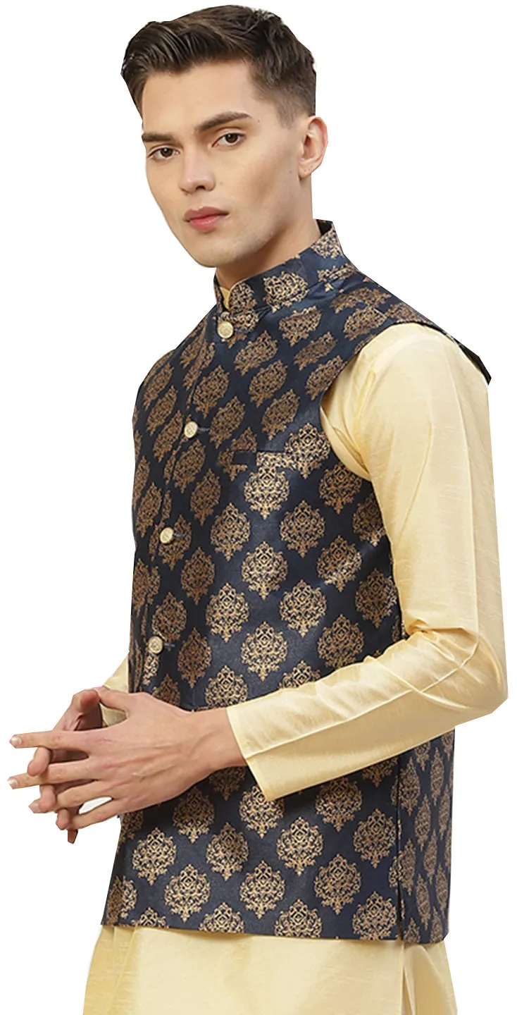 Men's Jacquard Silk Nehru Jacket Traditional India Waistcoat (Blue)