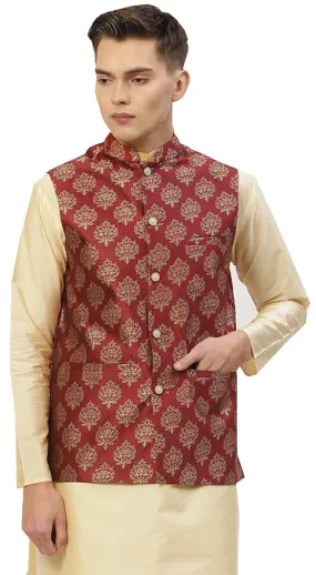 Men's Jacquard Sleeveless Silk Nehru Jacket India Waistcoat (Maroon)