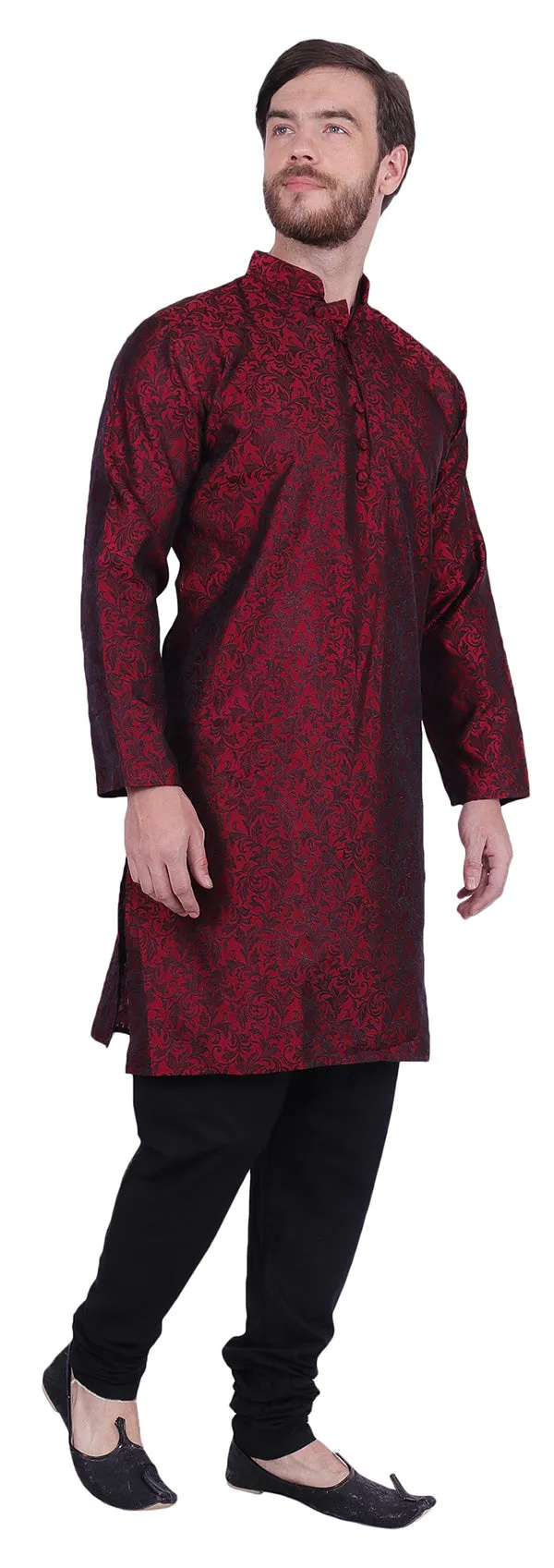 Men's Kurta Pajama Jacquard Silk India Clothing Party Wear (Maroon)