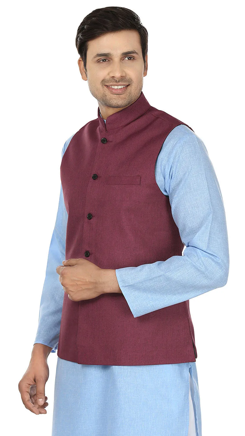 Men's Sleeve Less Jute Nehru Jacket Traditional India Waistcoat (Maroon)