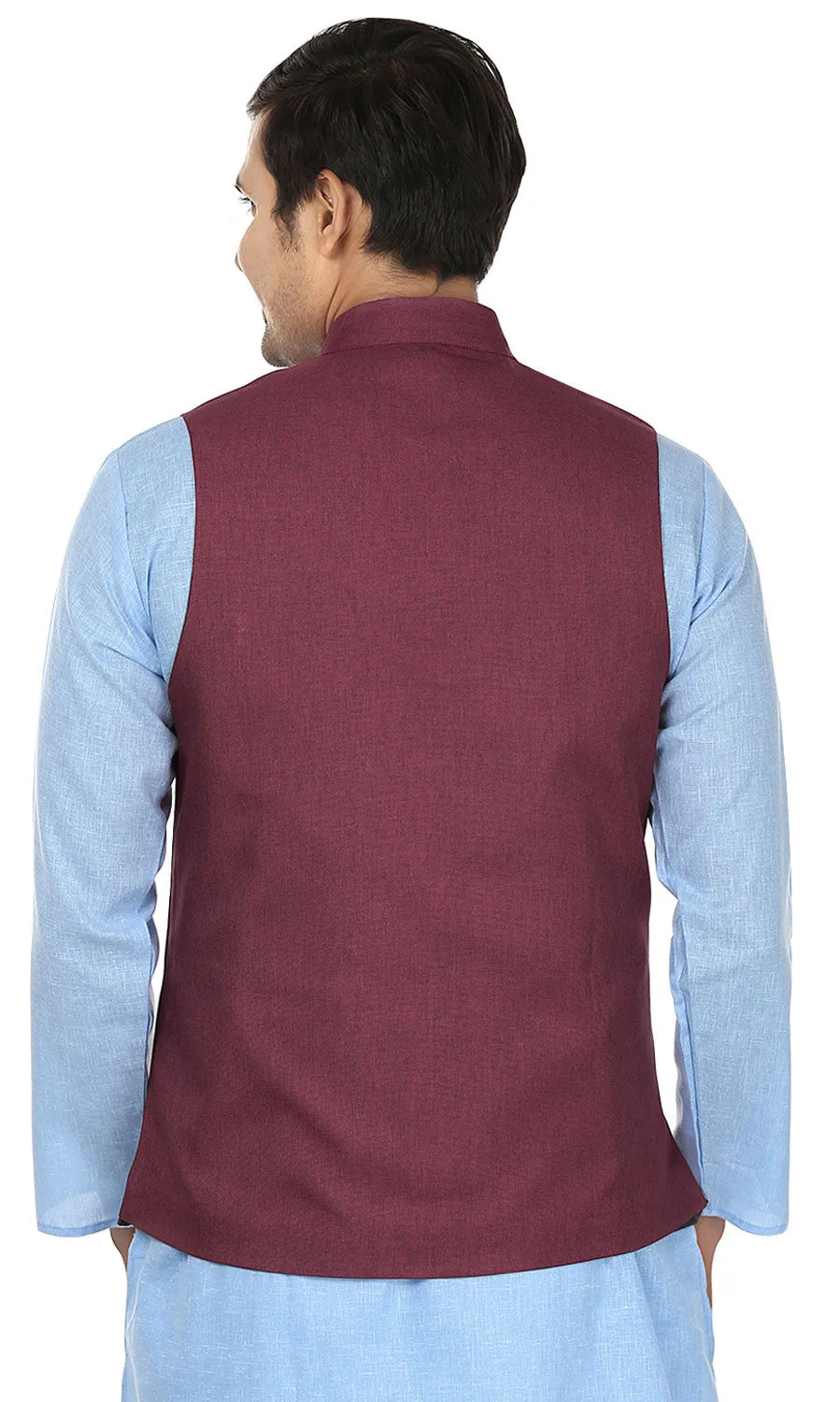 Men's Sleeve Less Jute Nehru Jacket Traditional India Waistcoat (Maroon)