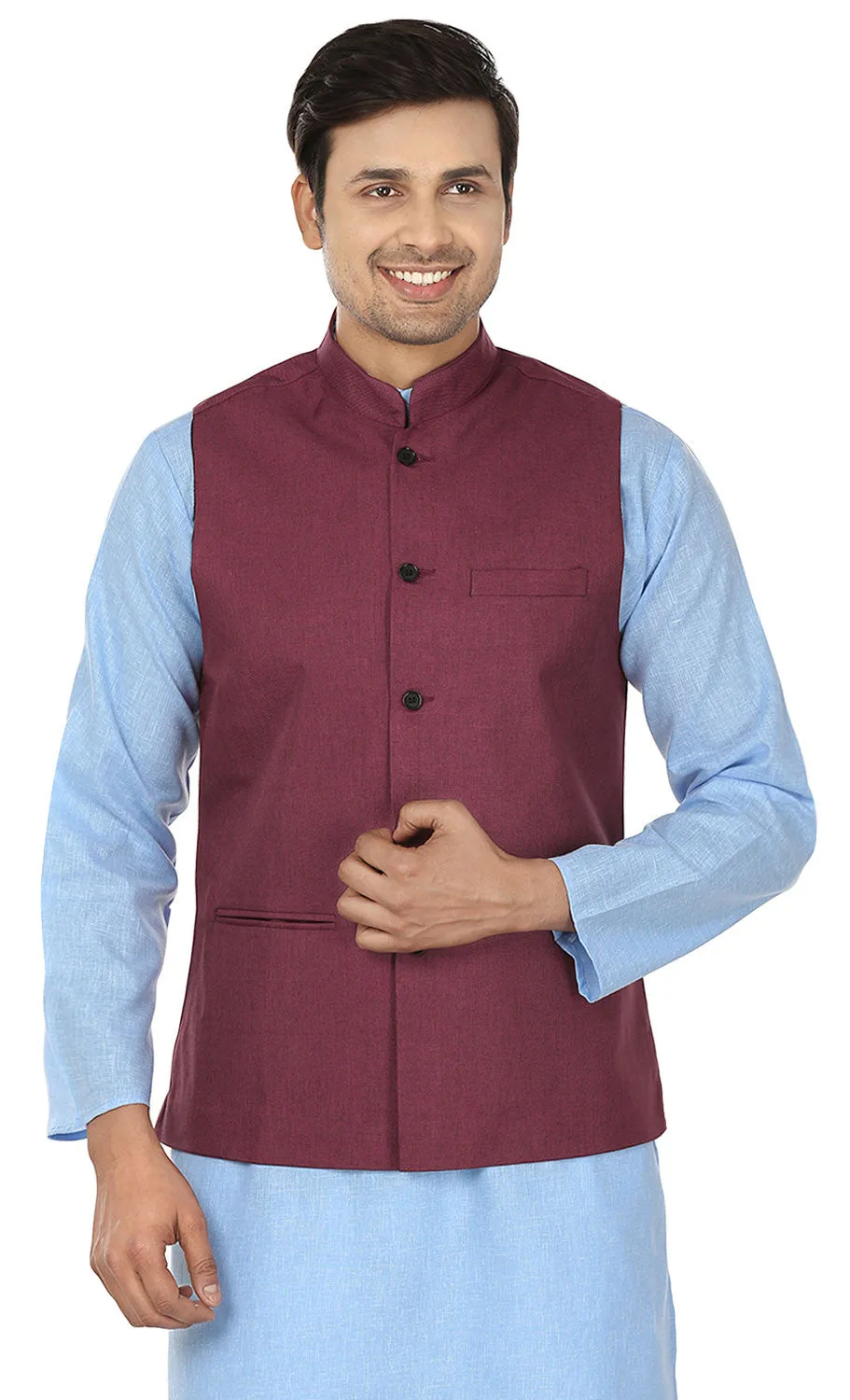 Men's Sleeve Less Jute Nehru Jacket Traditional India Waistcoat (Maroon)