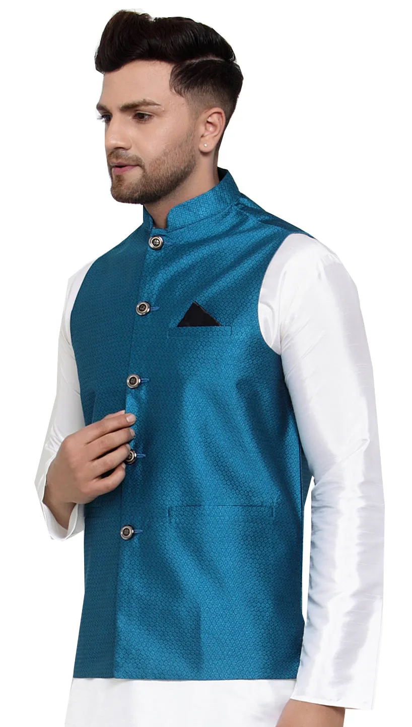 Men's Sleeveless Nehru Jacket India Waistcoat (Blue)