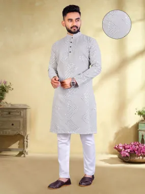 New Trendy Embroidery Mirror Work Grey Color Men's Cotton Kurta Pajama Set