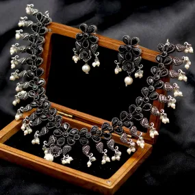 Niranjana Black Stone Silver Oxidized Necklace Set