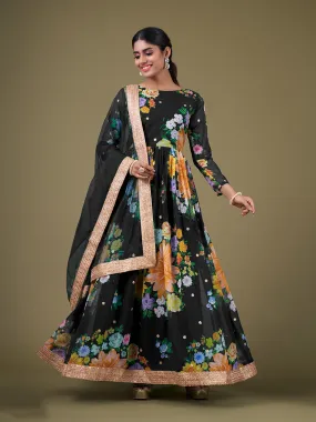 Odette Black Faux Georgette Printed Semi Stitched Anarkali Kurta Set For Women