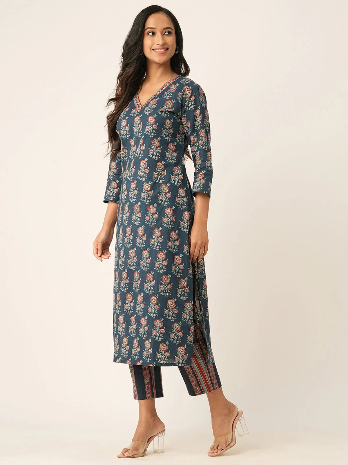 Odette Blue Cotton Printed Stitched Kurta Set For Women