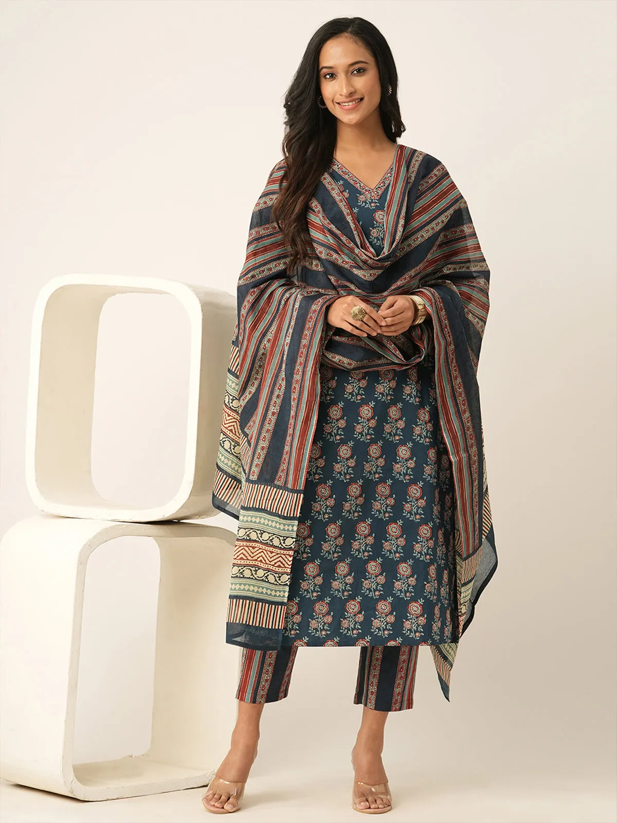 Odette Blue Cotton Printed Stitched Kurta Set For Women