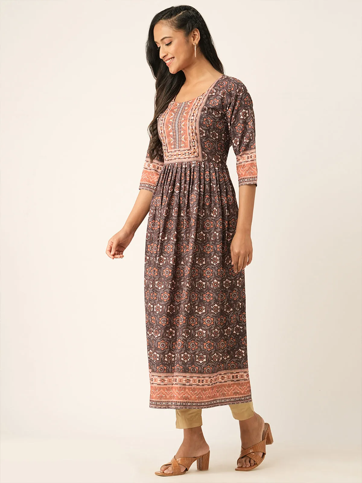 Odette Brown Rayon Printed Stitched Kurta for Women