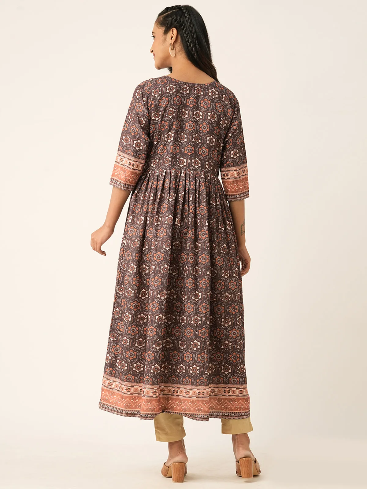 Odette Brown Rayon Printed Stitched Kurta for Women