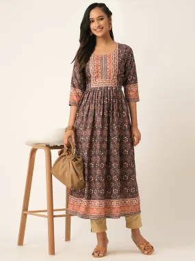 Odette Brown Rayon Printed Stitched Kurta for Women