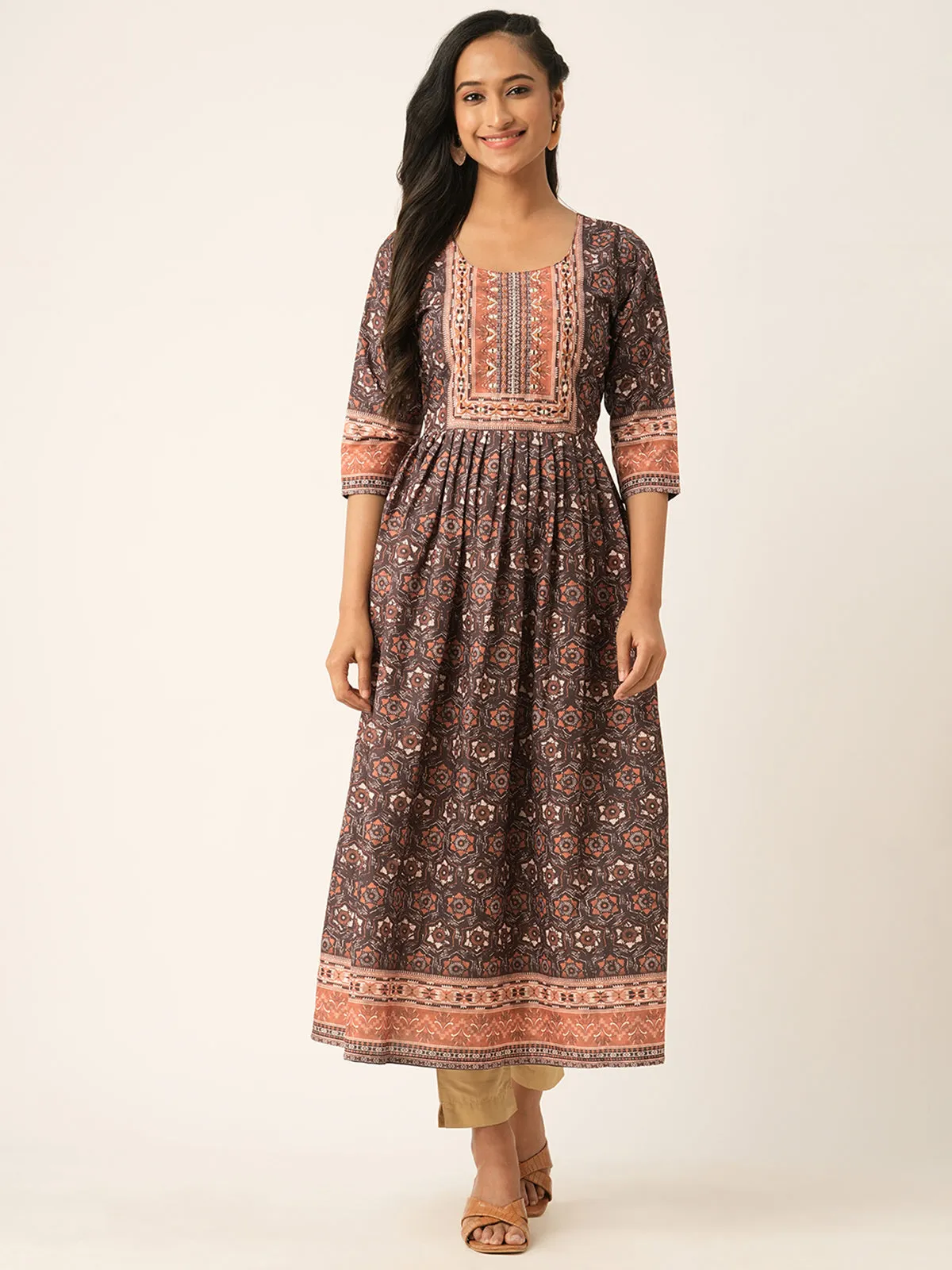 Odette Brown Rayon Printed Stitched Kurta for Women