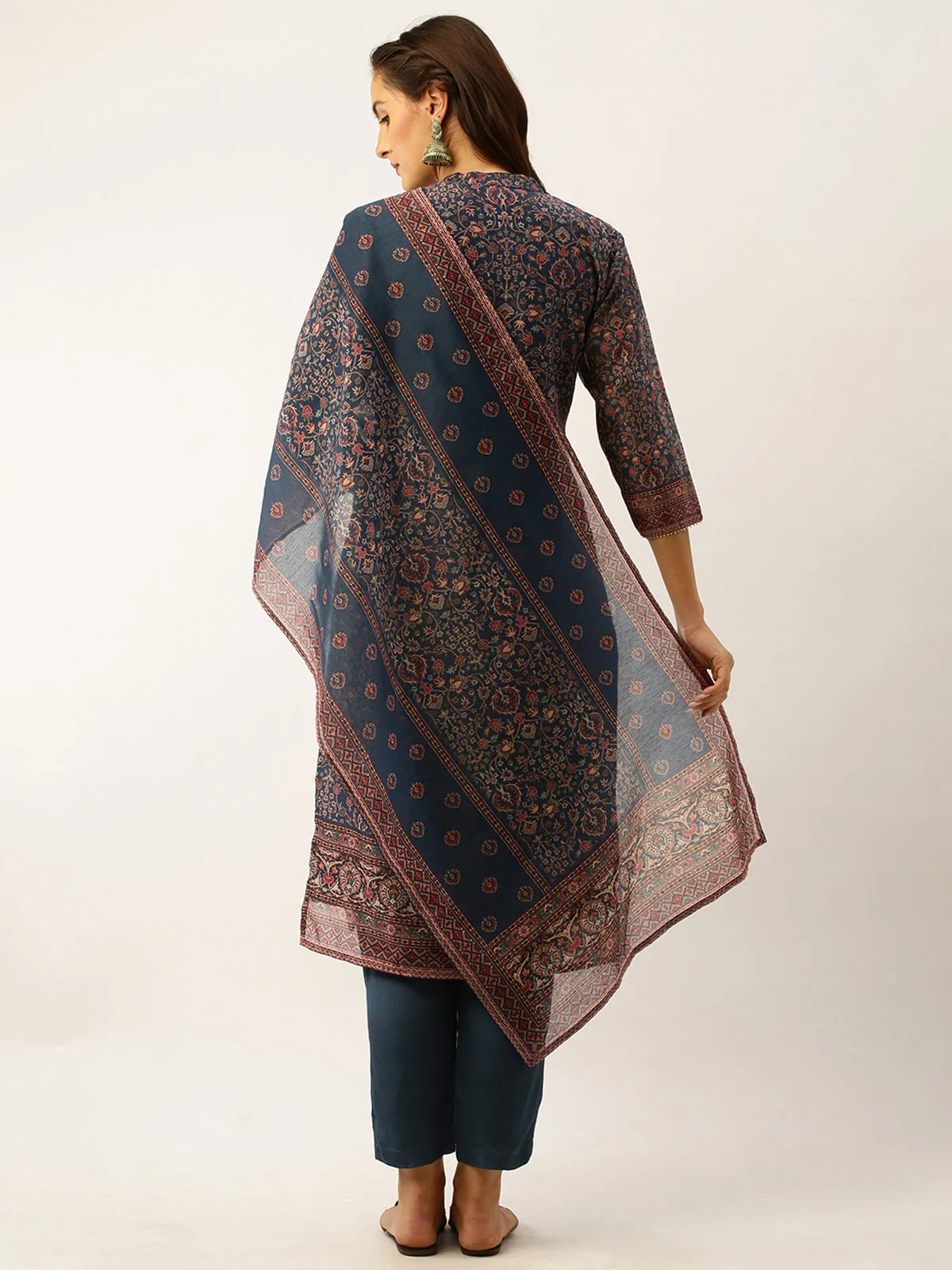 Odette Chanderi Silk All Over Kalamkari Print Navy Blue Stitched Kurta Set With Dupatta For Women