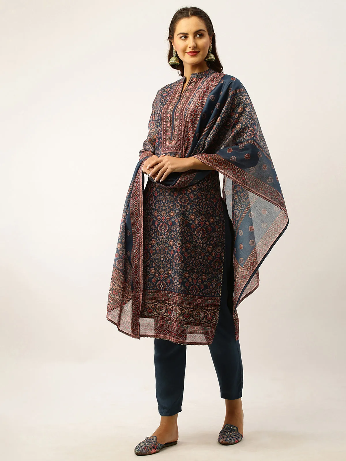 Odette Chanderi Silk All Over Kalamkari Print Navy Blue Stitched Kurta Set With Dupatta For Women