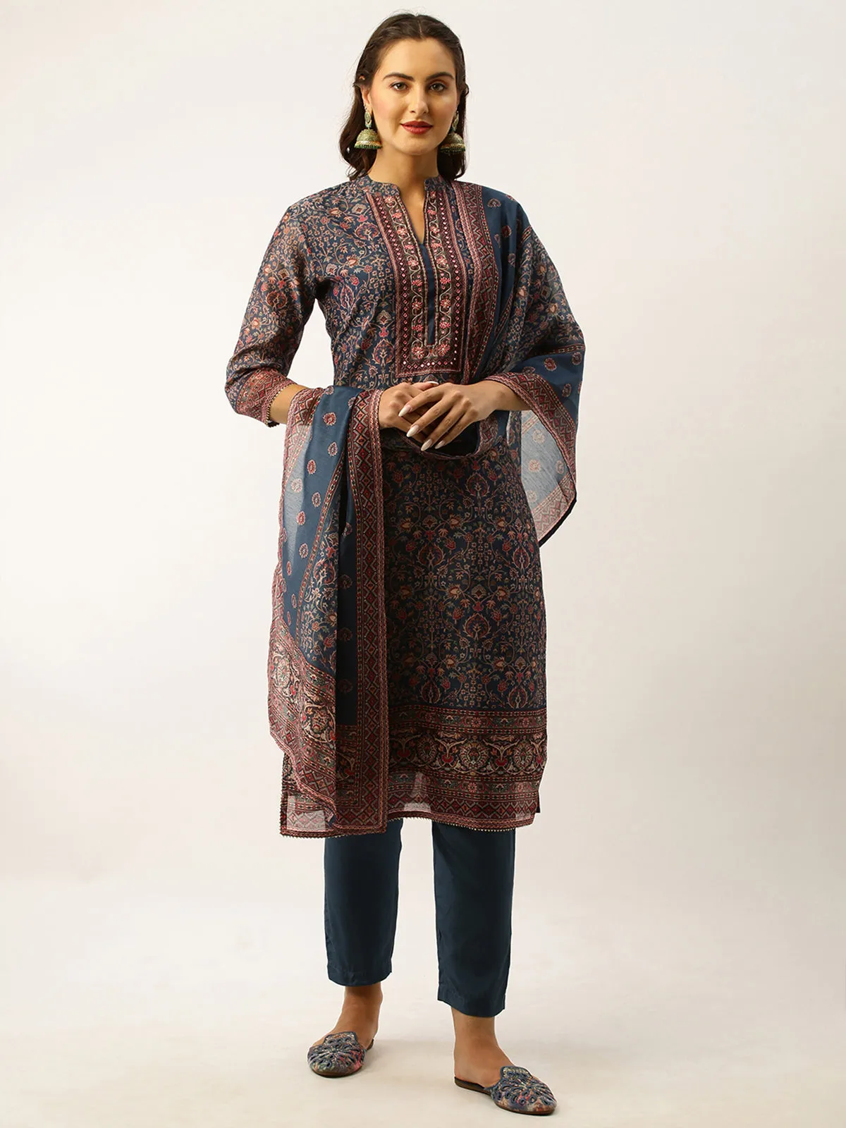 Odette Chanderi Silk All Over Kalamkari Print Navy Blue Stitched Kurta Set With Dupatta For Women