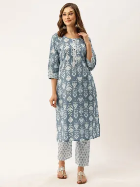 Odette Cotton All Over Ikat Print Blue Straight Stitched Kurta Set For Women